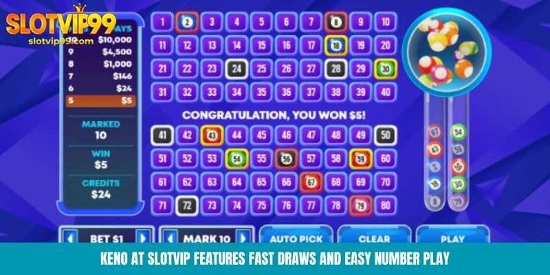Keno at Slotvip features fast draws and easy number play