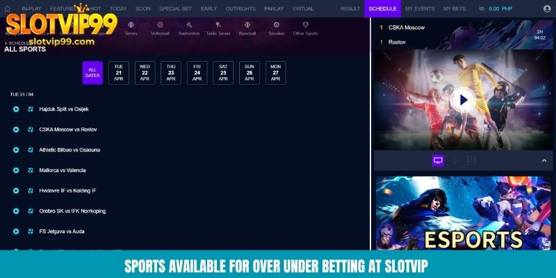 Sports available for over under betting at Slotvip